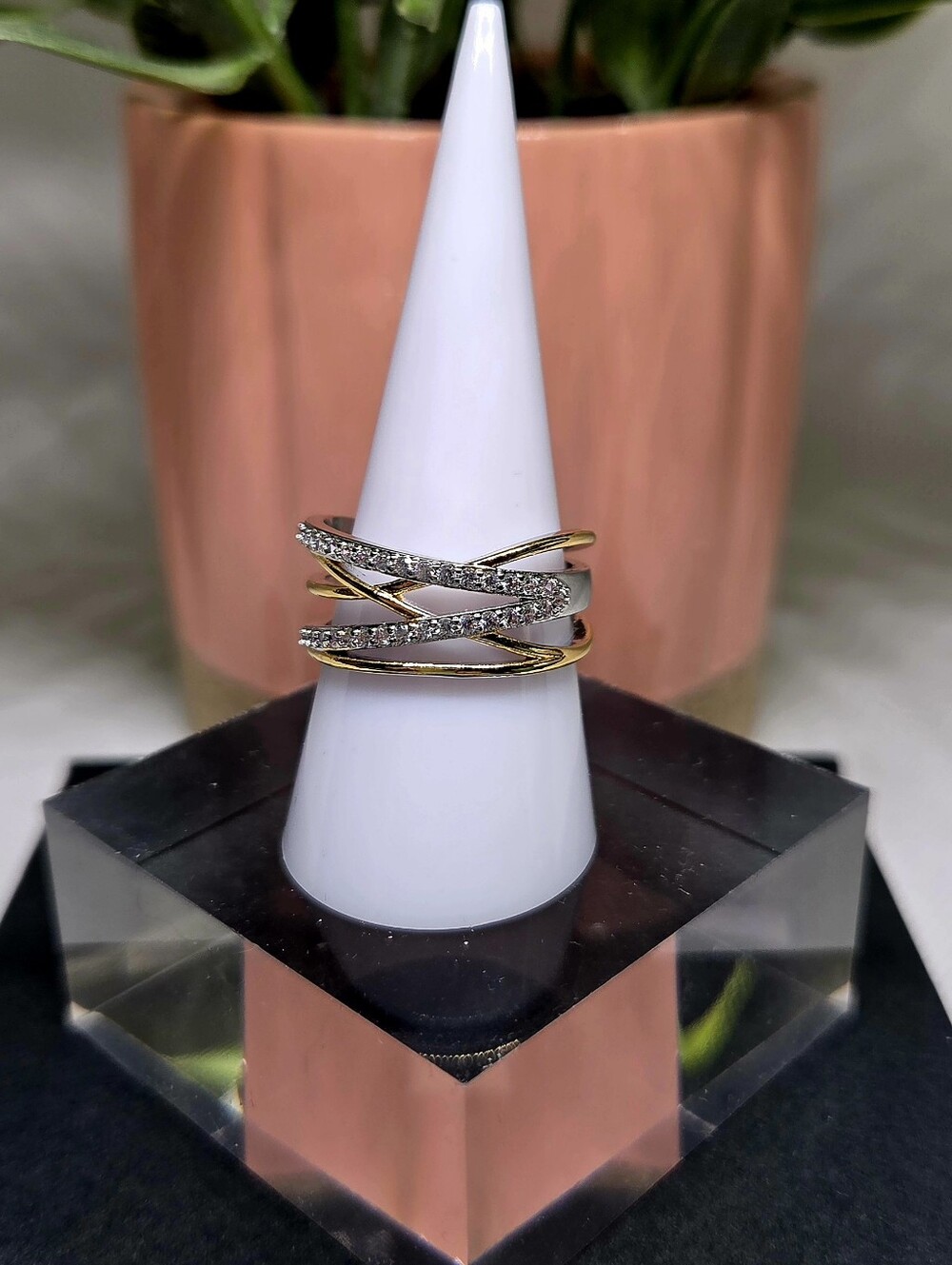 Elegant Gold and Silver Crisscross Ring with Pavé Stones